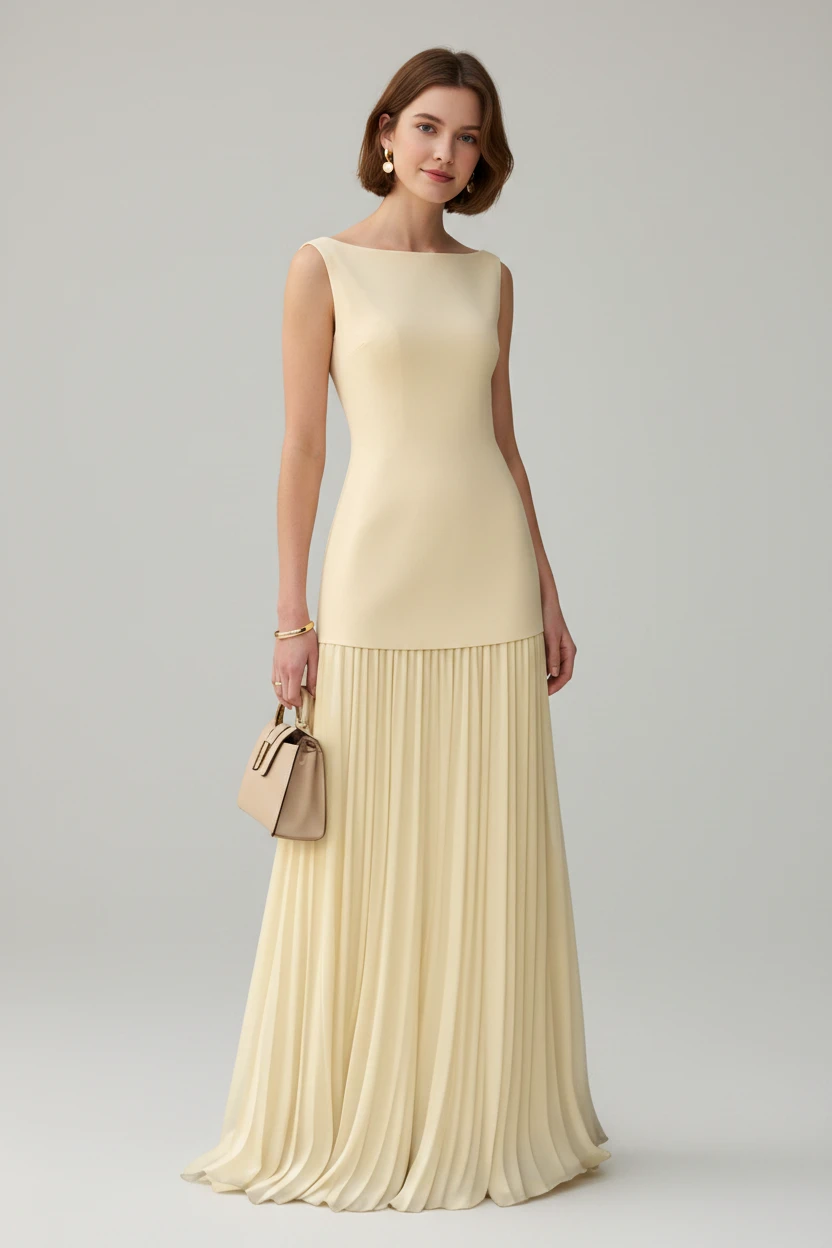 Women's Pleated Maxi Dress with Boat Neck