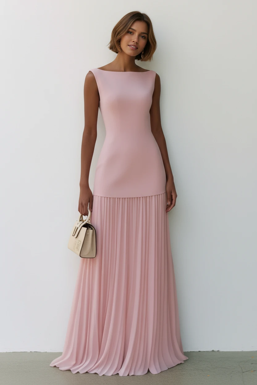Women's Pleated Maxi Dress with Boat Neck