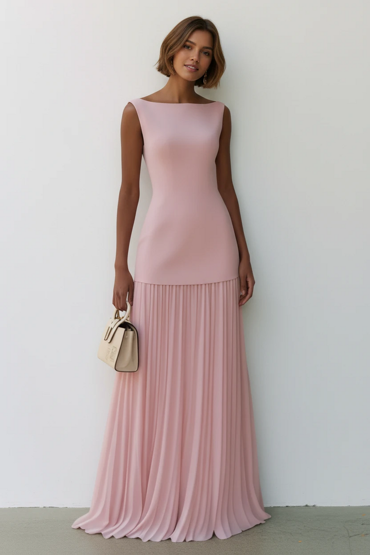 Women's Pleated Maxi Dress with Boat Neck