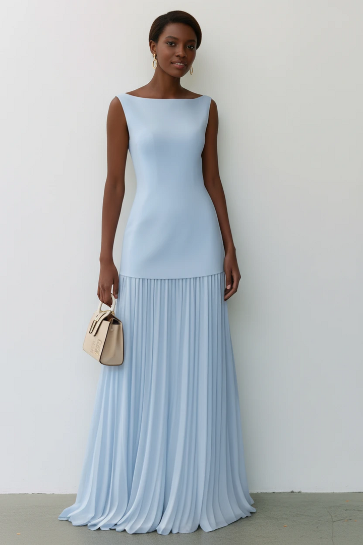 Women's Pleated Maxi Dress with Boat Neck