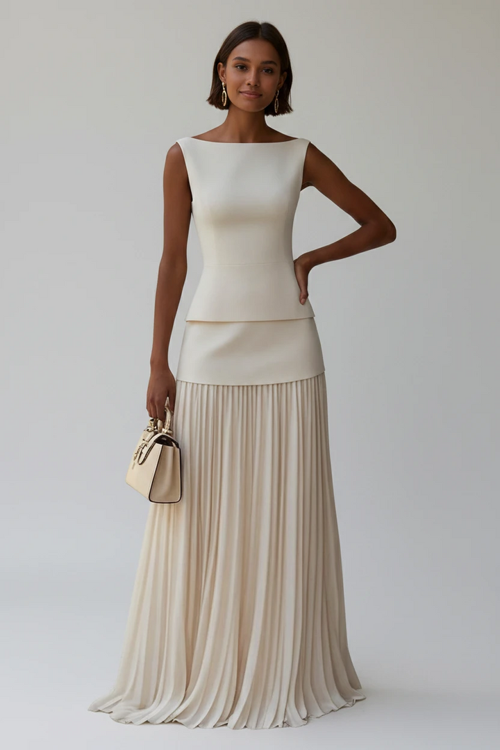 Women's Pleated Maxi Dress with Boat Neck