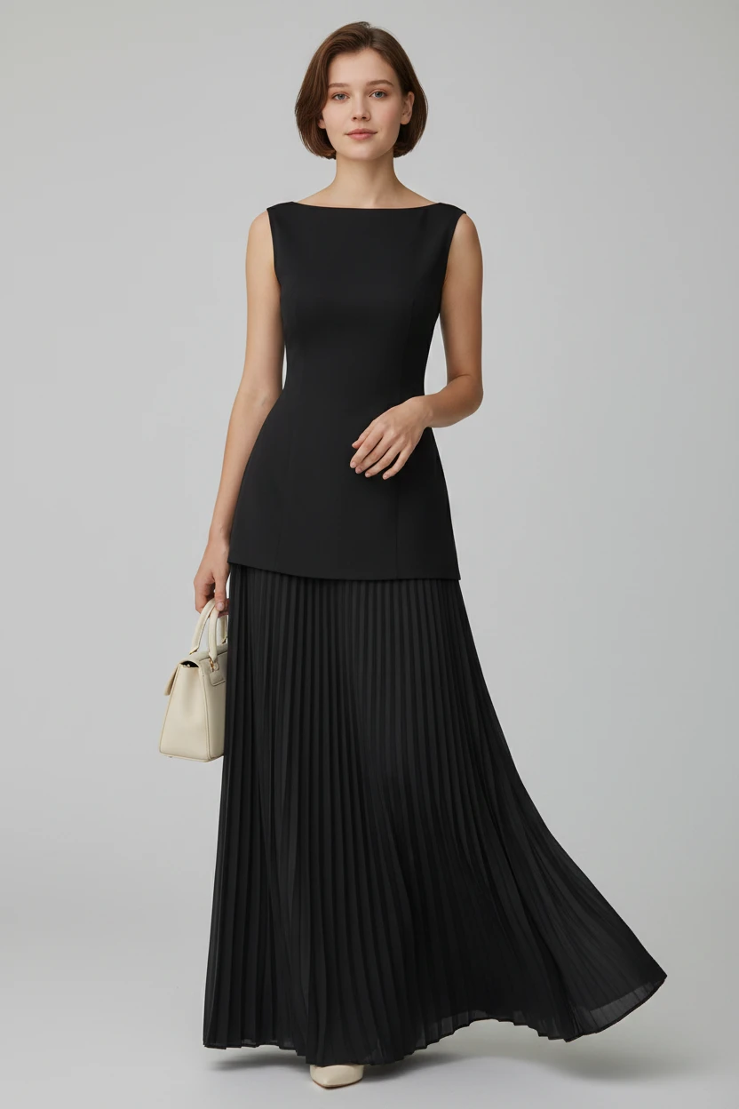 Women's Pleated Maxi Dress with Boat Neck