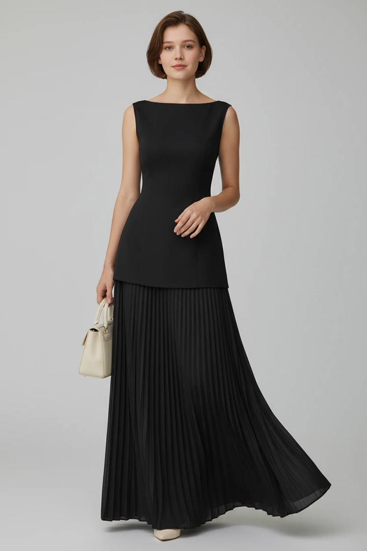 Women's Pleated Maxi Dress with Boat Neck