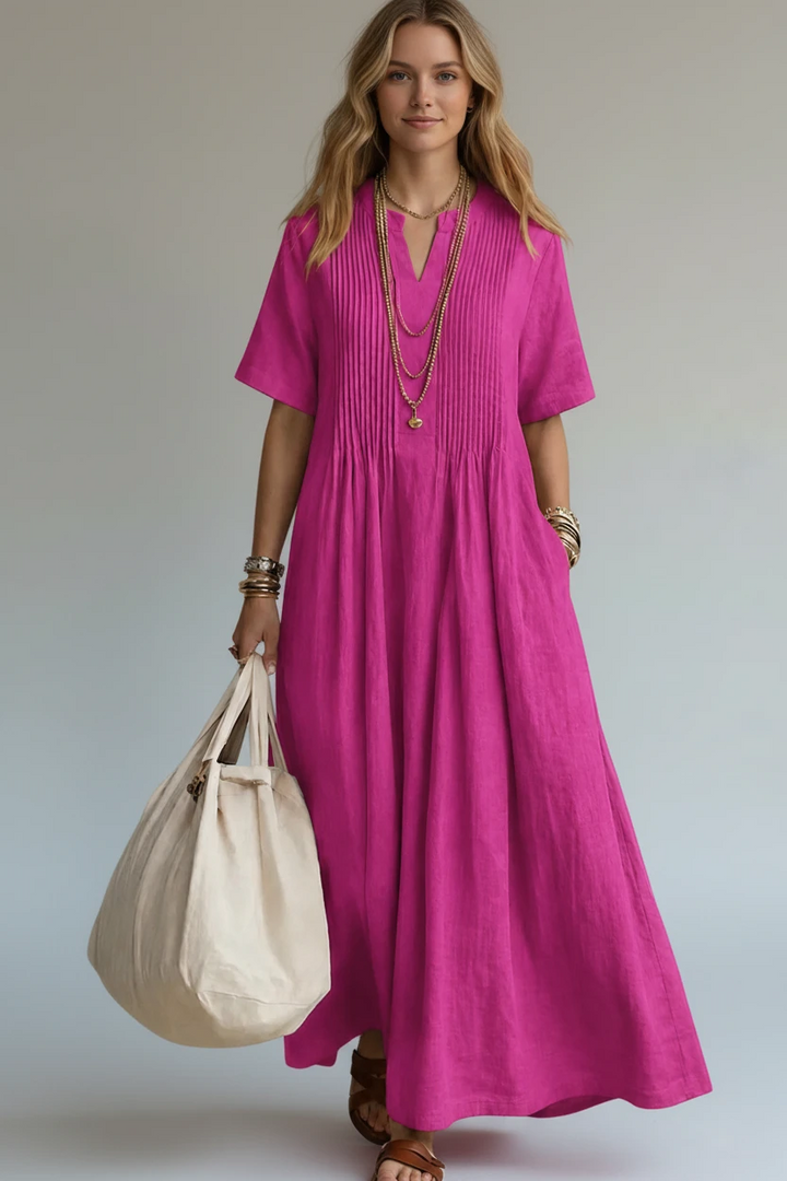 Women's Pleated Maxi Dress with V-Neck