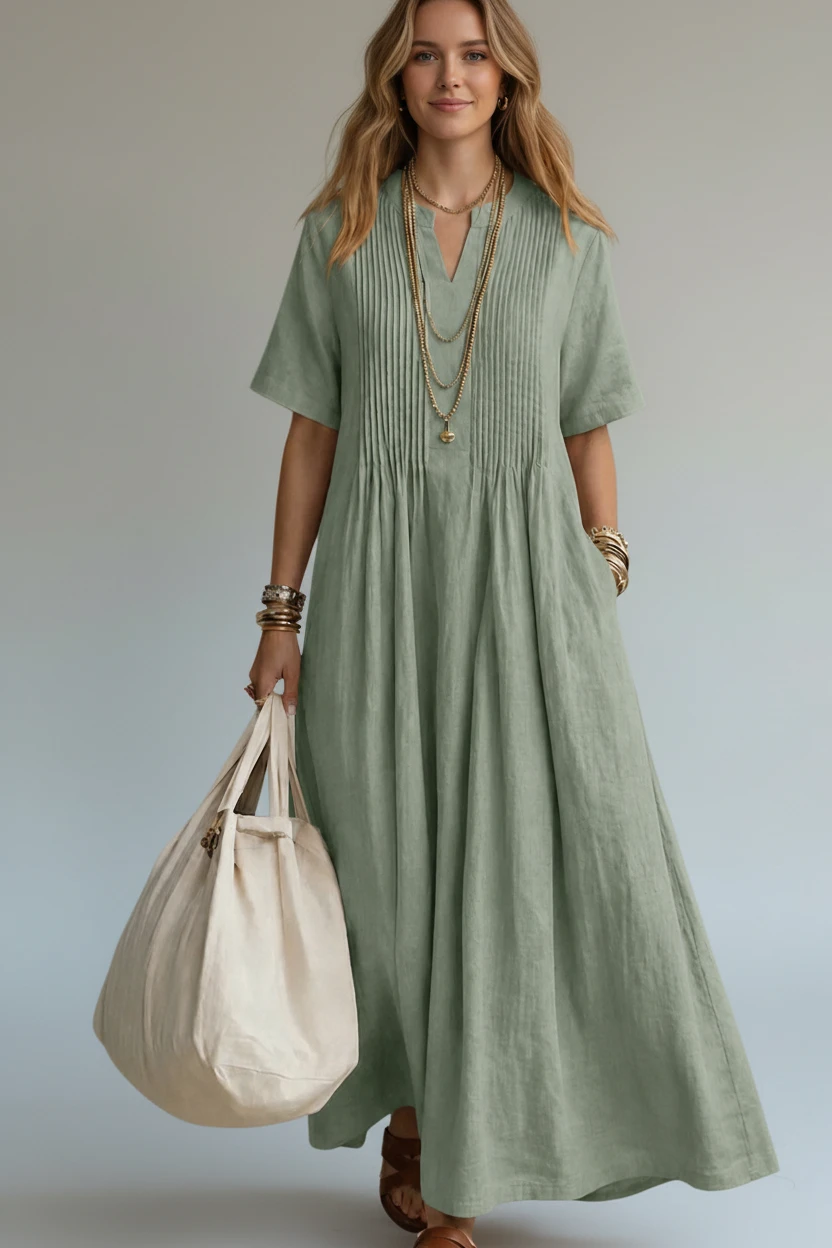 Women's Pleated Maxi Dress with V-Neck