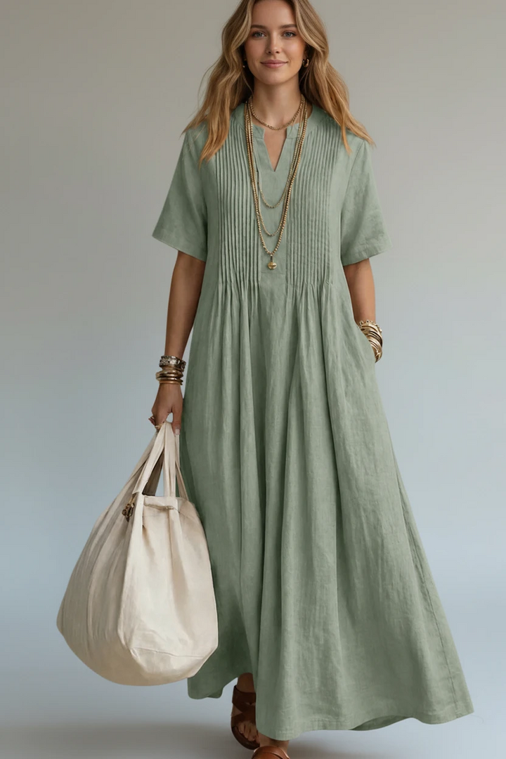 Women's Pleated Maxi Dress with V-Neck