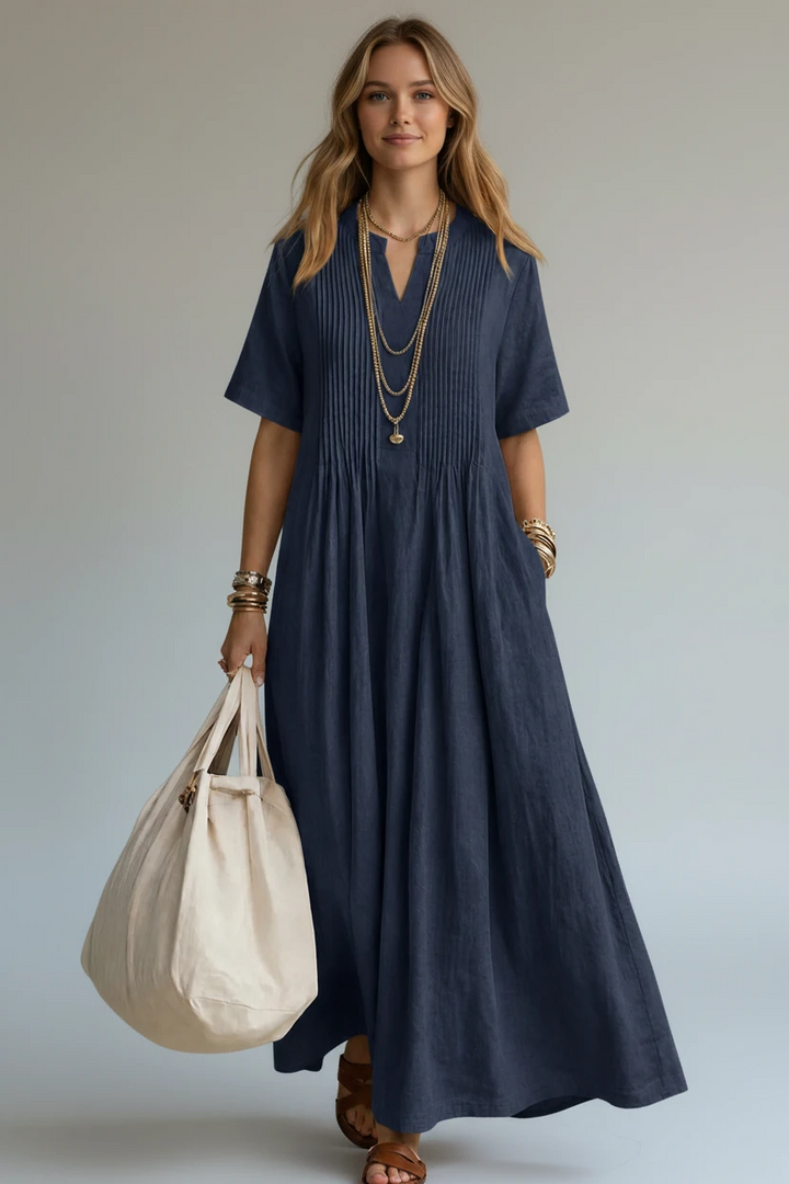 Women's Pleated Maxi Dress with V-Neck