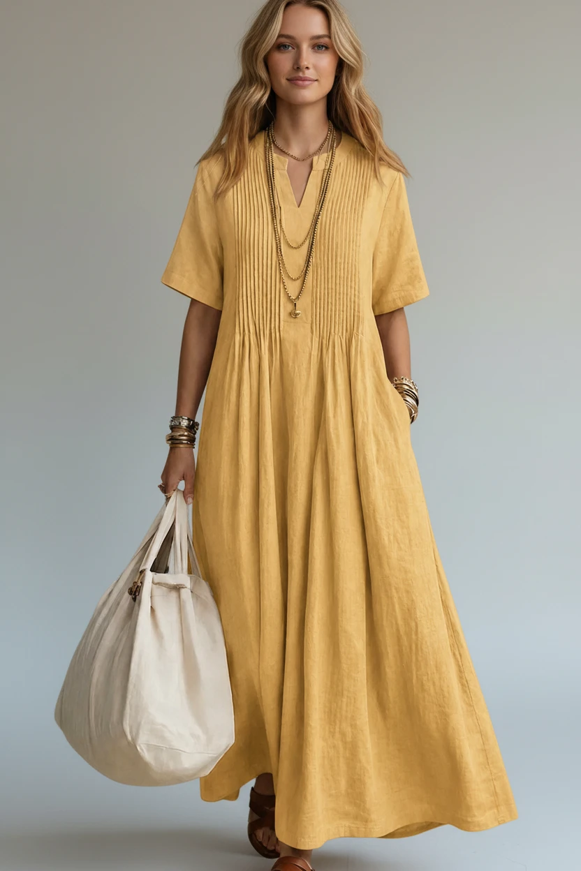 Women's Pleated Maxi Dress with V-Neck