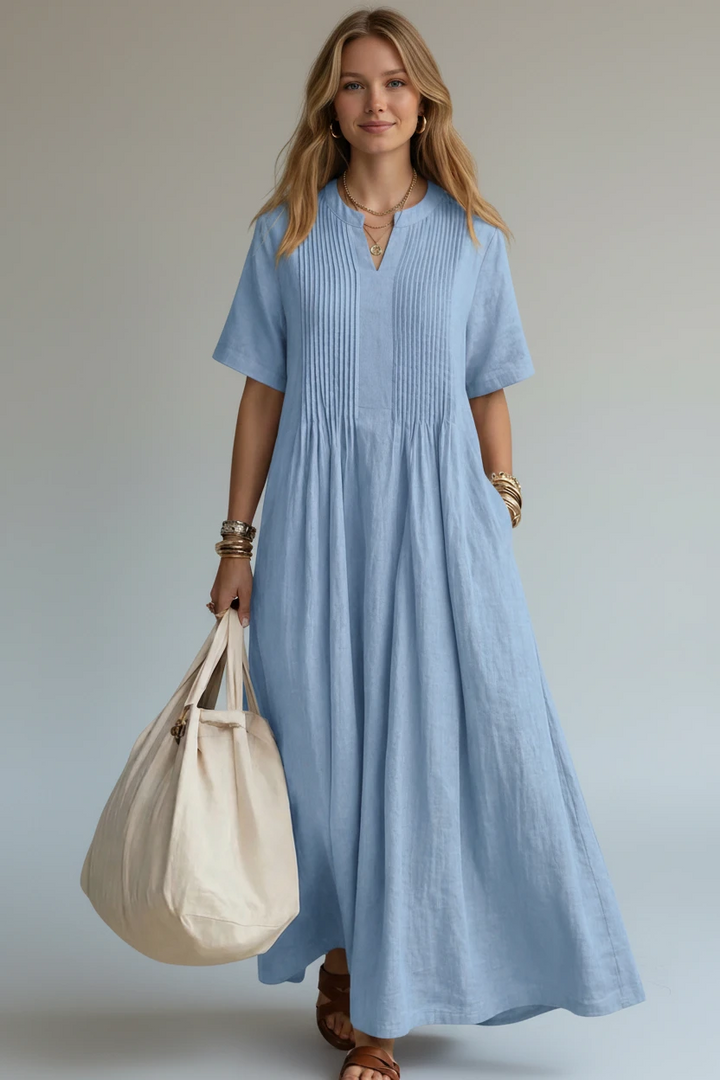 Women's Pleated Maxi Dress with V-Neck