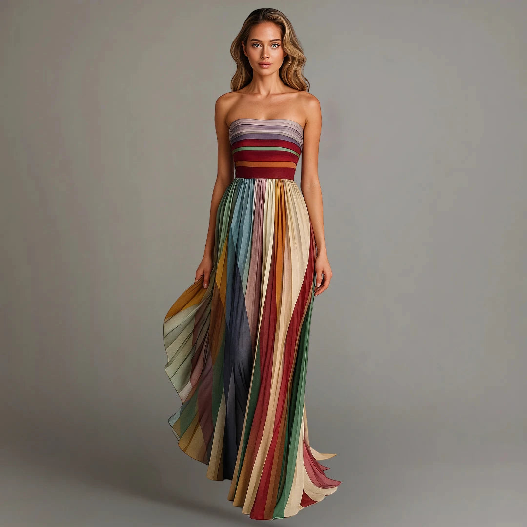Women's Pleated Maxi Wedding Guest Dress with Strapless Neckline
