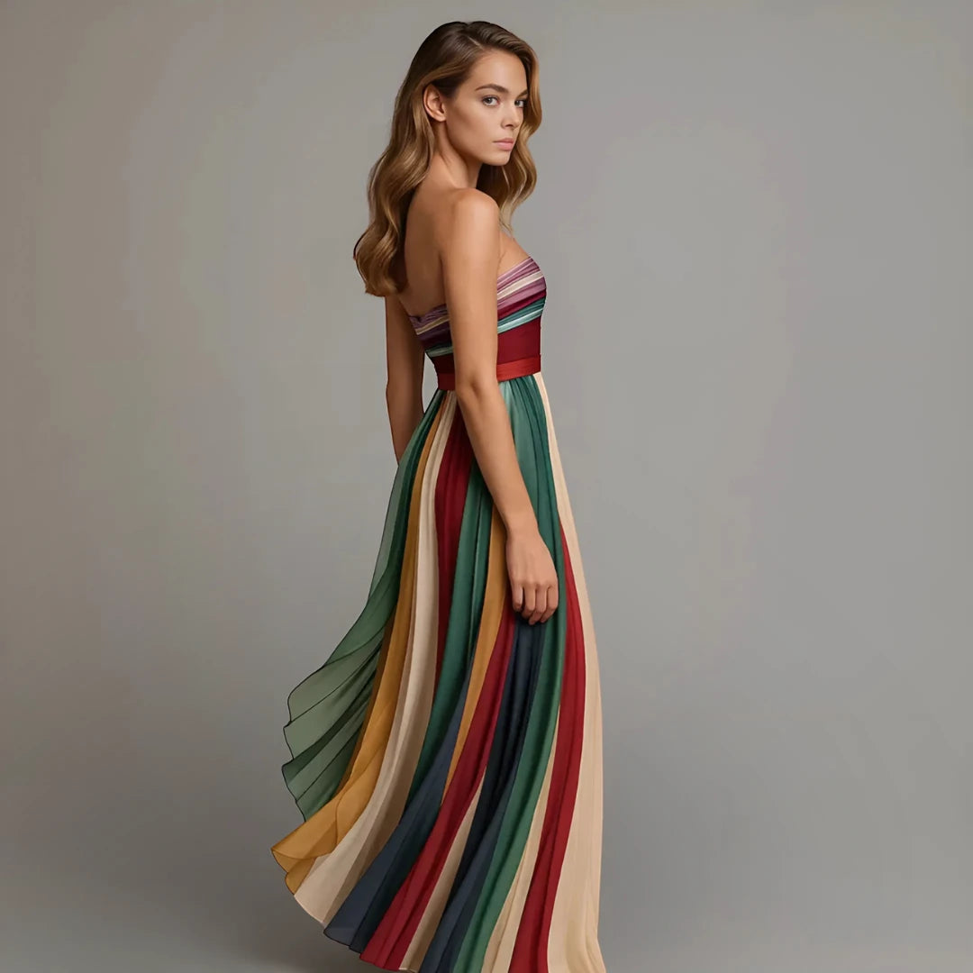 Women's Pleated Maxi Wedding Guest Dress with Strapless Neckline