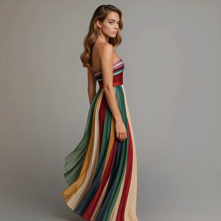 Women's Pleated Maxi Wedding Guest Dress with Strapless Neckline