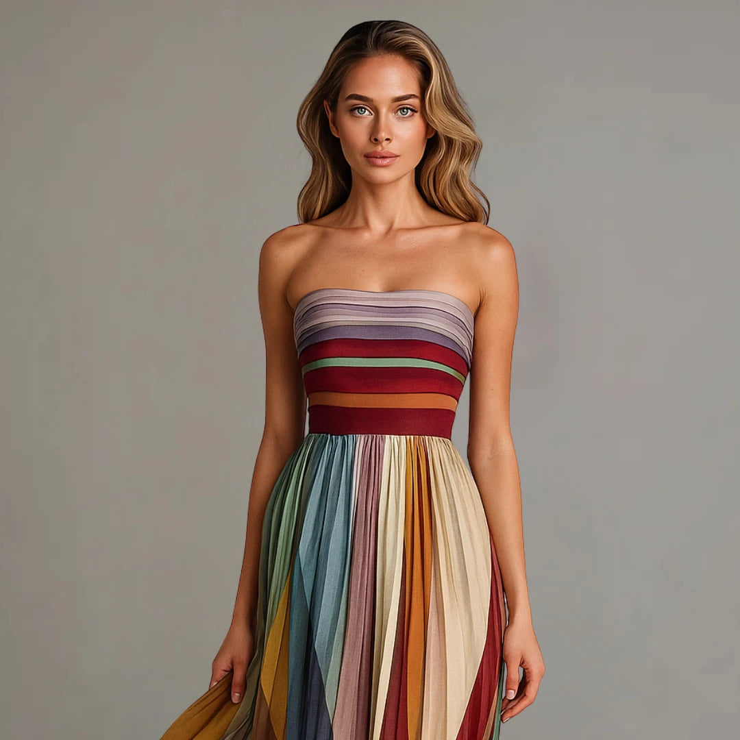 Women's Pleated Maxi Wedding Guest Dress with Strapless Neckline