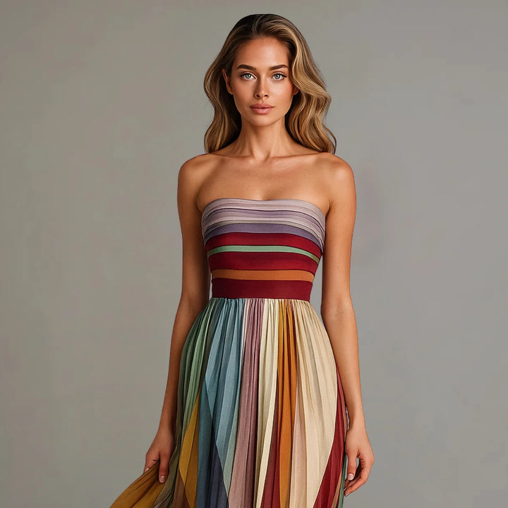 Women's Pleated Maxi Wedding Guest Dress with Strapless Neckline