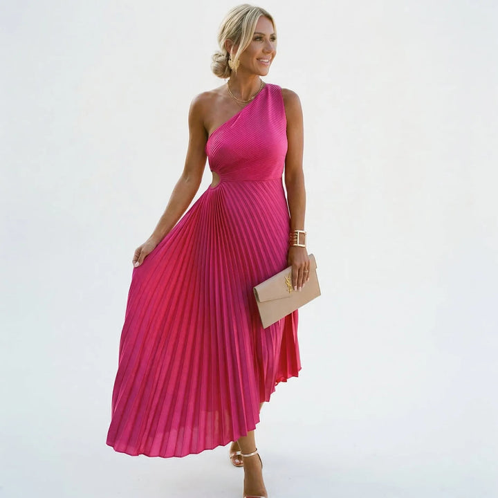 Women's Pleated One Shoulder Maxi Wedding Guest Dress with A-Line Skirt