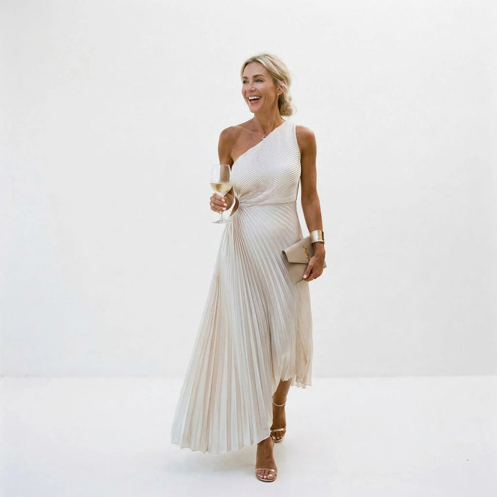 Women's Pleated One Shoulder Maxi Wedding Guest Dress with A-Line Skirt