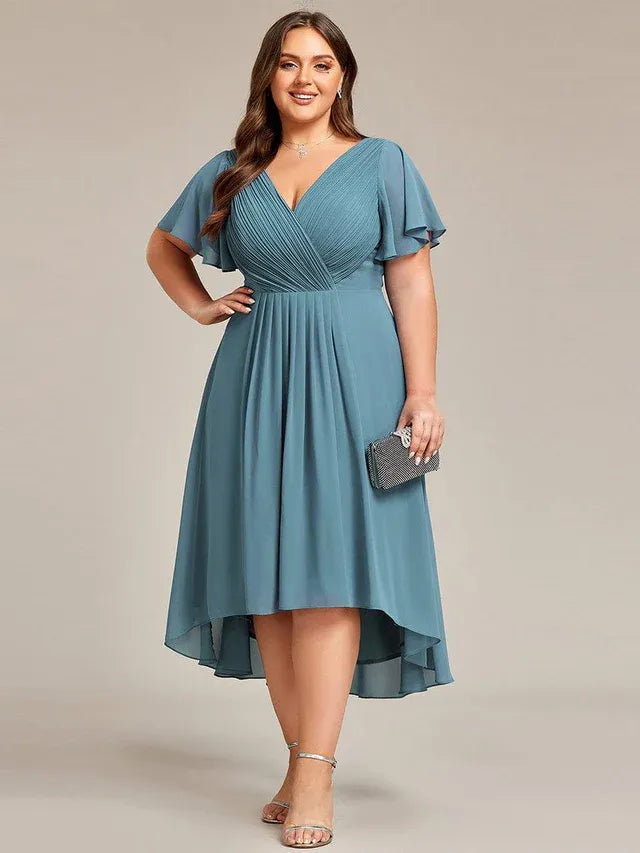 Women's Plus Size Ruffle Midi Wedding Guest Dress with Flutter Sleeve