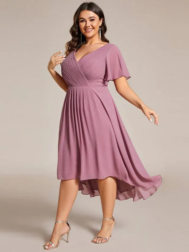 Women's Plus Size Ruffle Midi Wedding Guest Dress with Flutter Sleeve