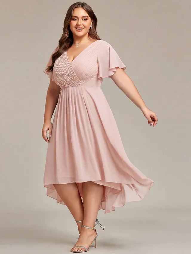 Women's Plus Size Ruffle Midi Wedding Guest Dress with Flutter Sleeve