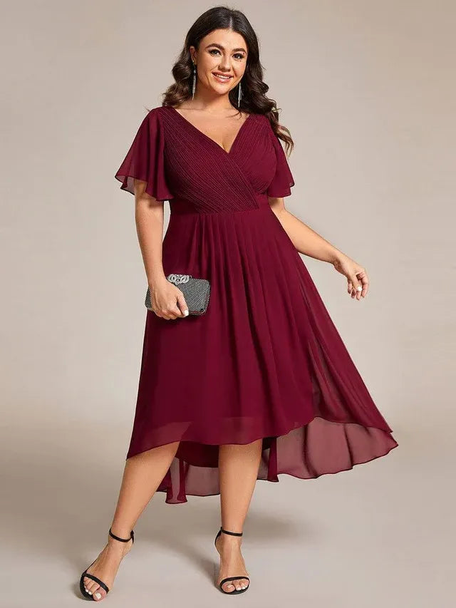 Women's Plus Size Ruffle Midi Wedding Guest Dress with Flutter Sleeve