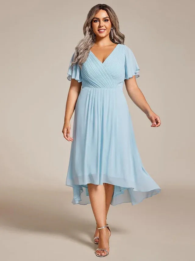 Women's Plus Size Ruffle Midi Wedding Guest Dress with Flutter Sleeve