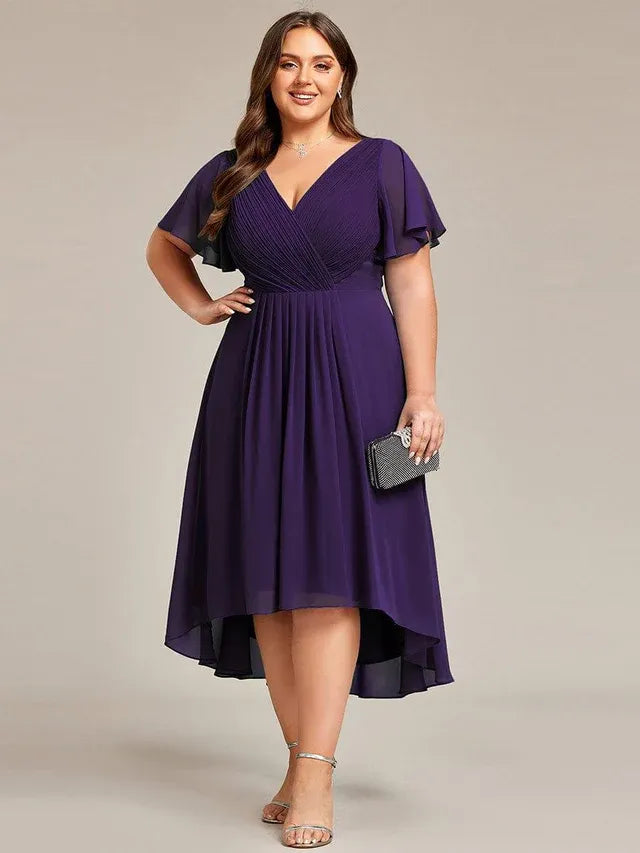Women's Plus Size Ruffle Midi Wedding Guest Dress with Flutter Sleeve
