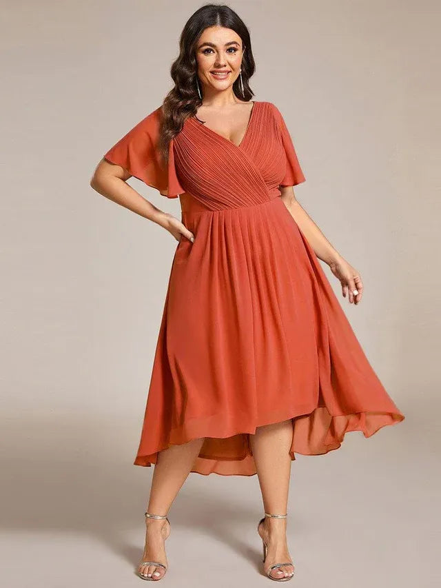 Women's Plus Size Ruffle Midi Wedding Guest Dress with Flutter Sleeve