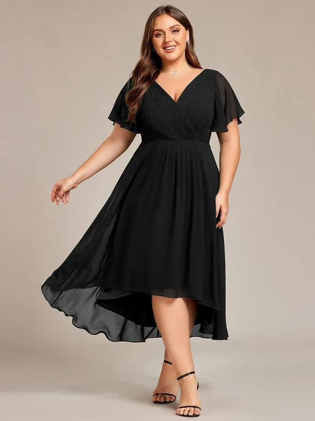 Women's Plus Size Ruffle Midi Wedding Guest Dress with Flutter Sleeve