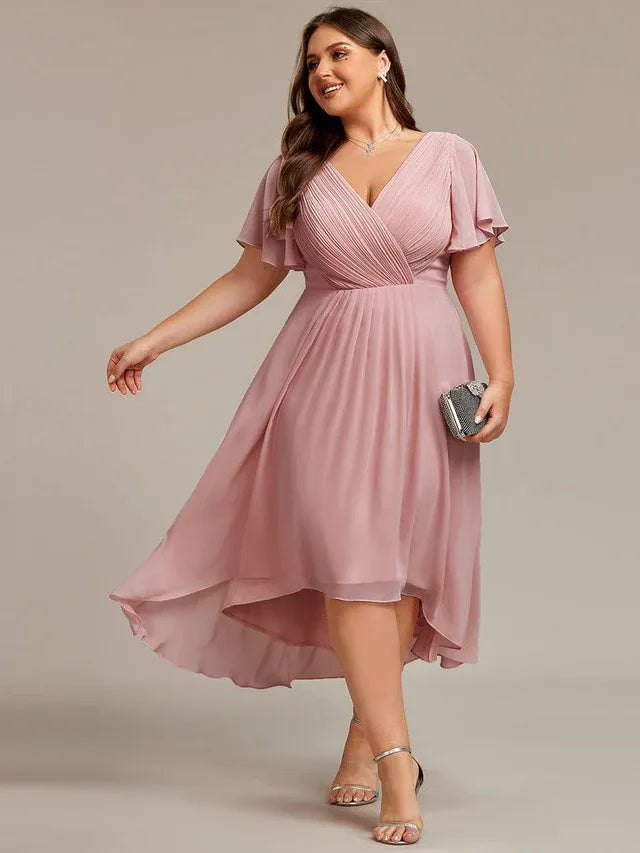 Women's Plus Size Ruffle Midi Wedding Guest Dress with Flutter Sleeve