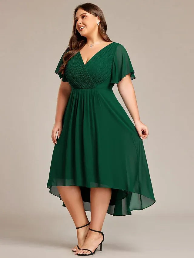 Women's Plus Size Ruffle Midi Wedding Guest Dress with Flutter Sleeve