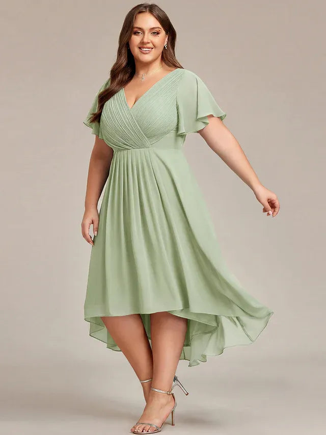 Women's Plus Size Ruffle Midi Wedding Guest Dress with Flutter Sleeve