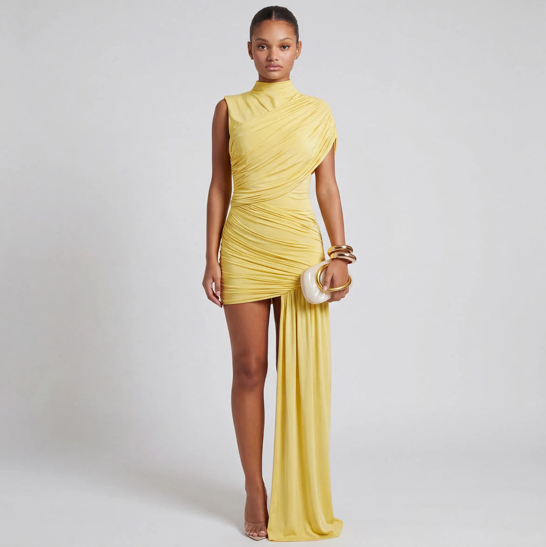 Women's Ruched Bodycon Mini Cocktail Dresses with High Neck