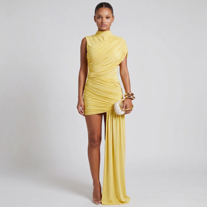 Women's Ruched Bodycon Mini Cocktail Dresses with High Neck