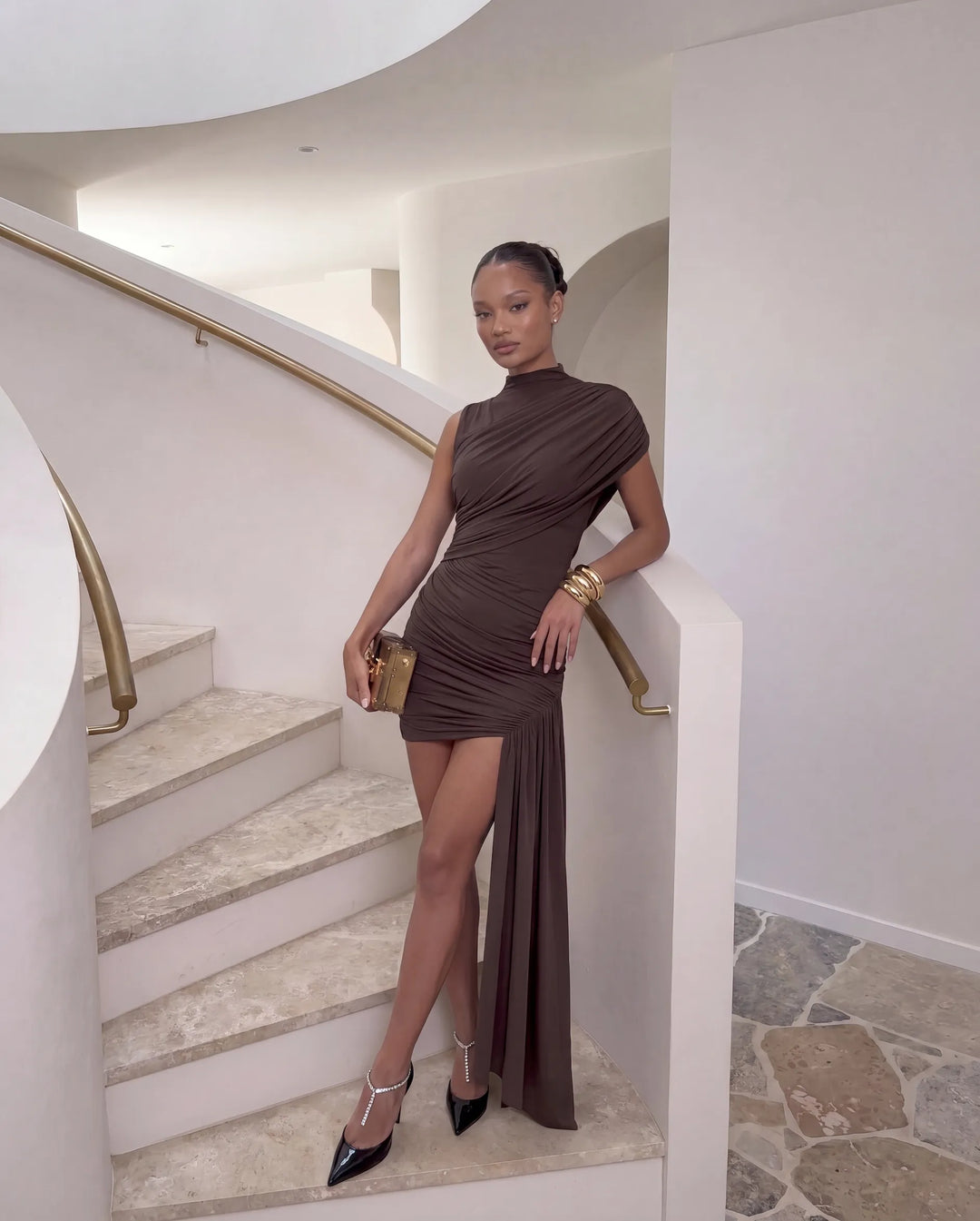 Women's Ruched Bodycon Mini Cocktail Dresses with High Neck