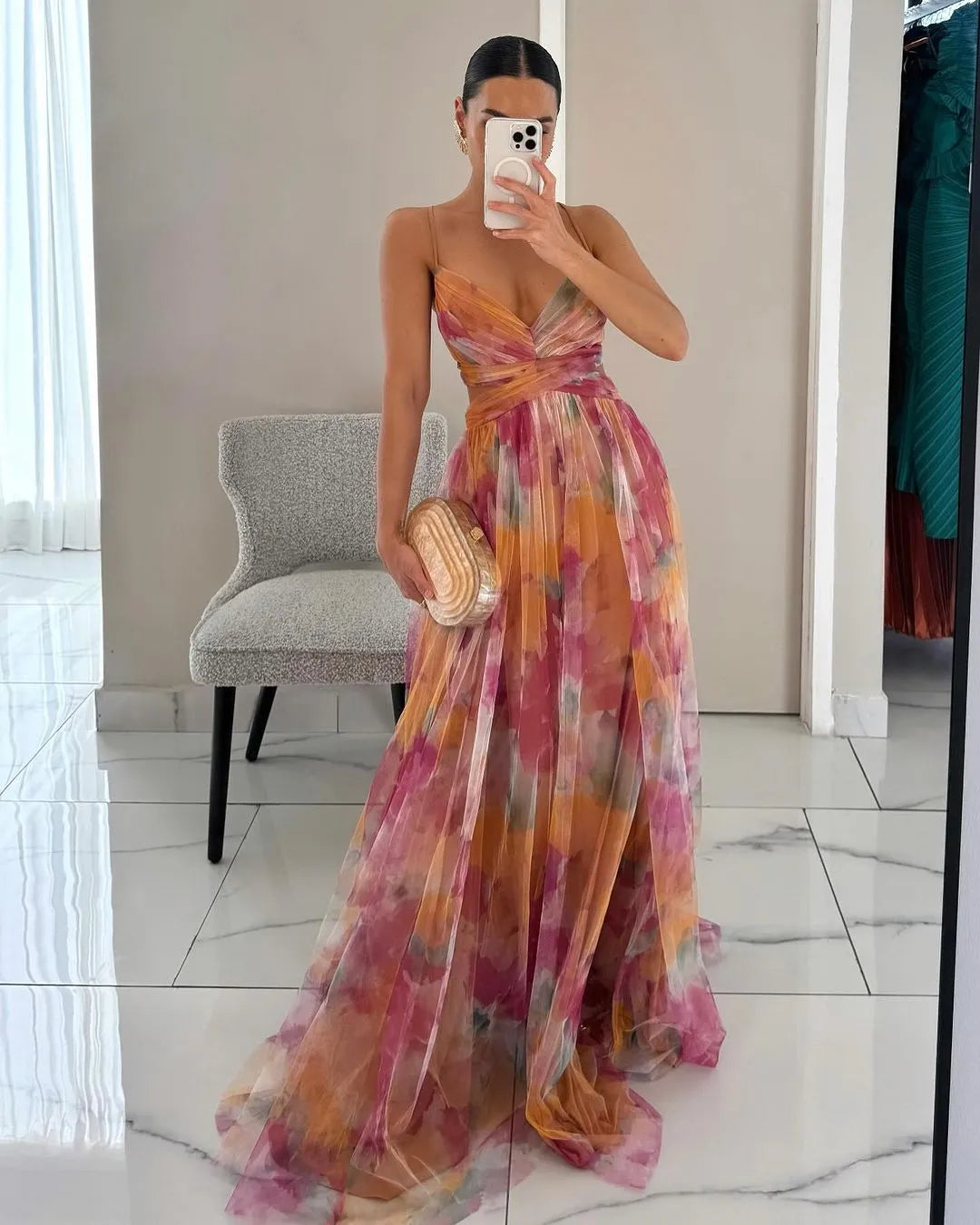 Women's Ruched Flowy Maxi Wedding Guest Dress with V-Neck