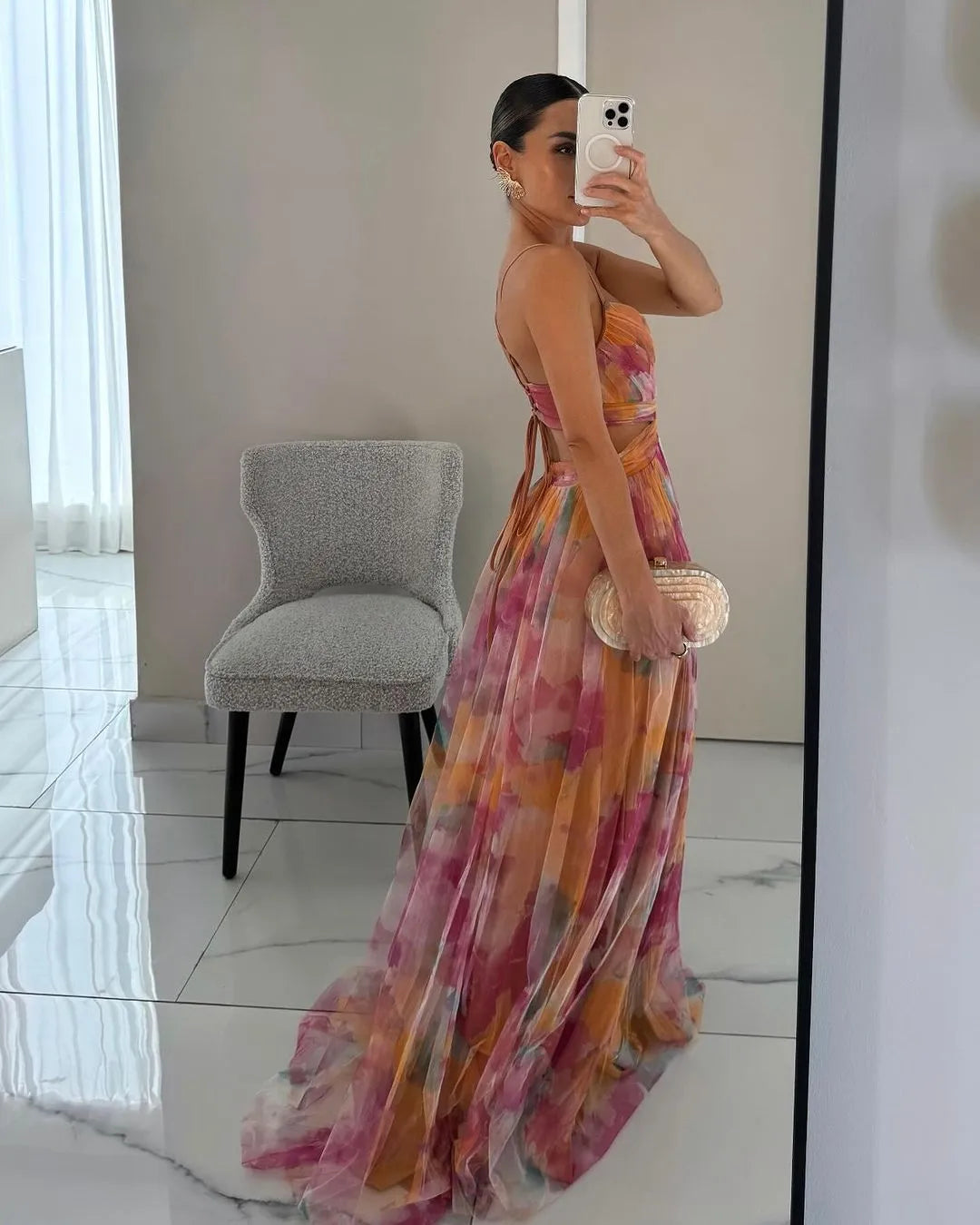 Women's Ruched Flowy Maxi Wedding Guest Dress with V-Neck