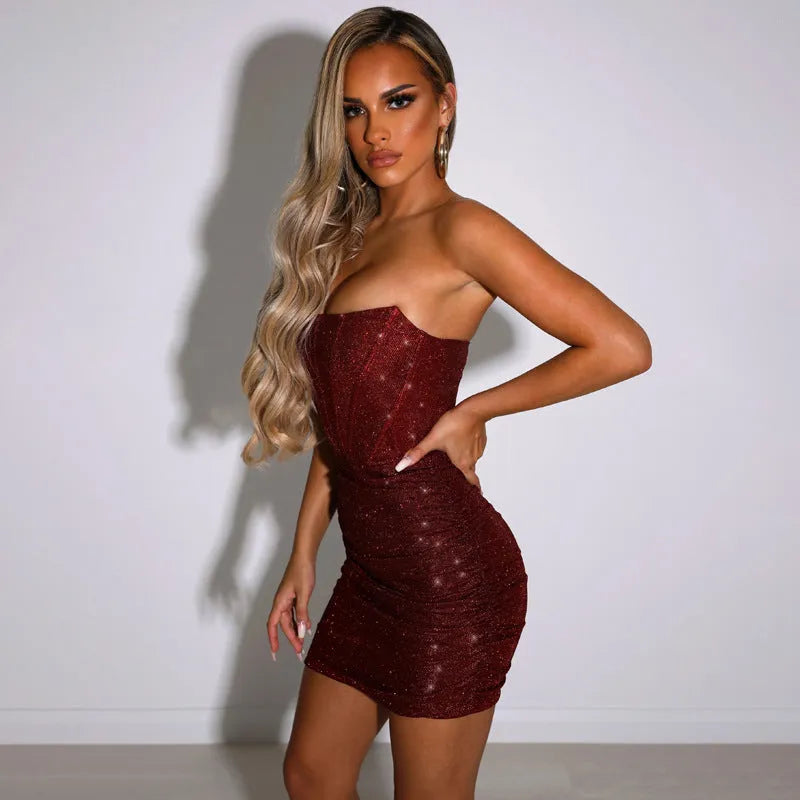 Women's Sequin Bodycon Mini Cocktail Dress with Strapless Neckline