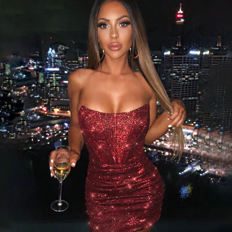 Women's Sequin Bodycon Mini Cocktail Dress with Strapless Neckline