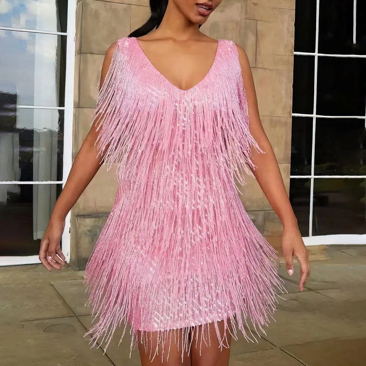 Women's Sequin Elegant Mini Cocktail Dress with V-Neck