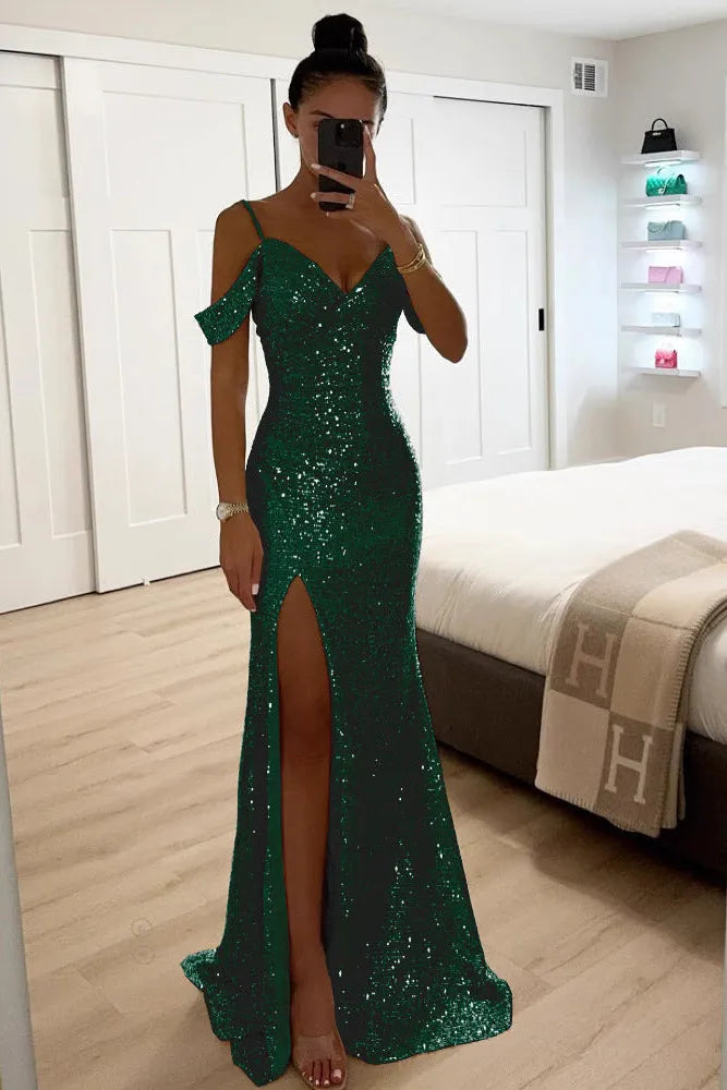Women's Sequin Formal Maxi Wedding Guest Dress with Slit