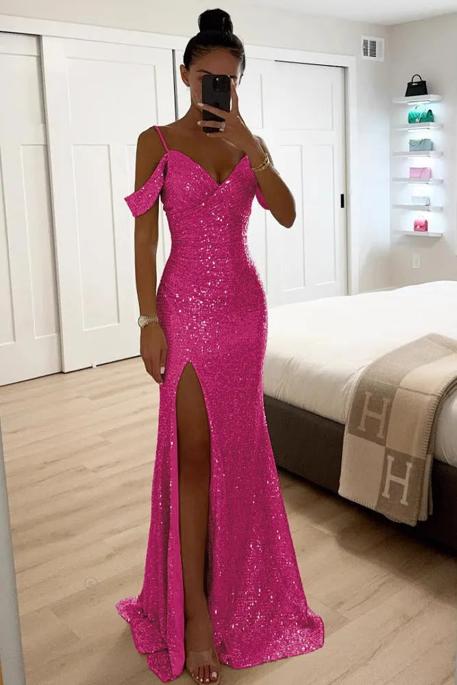 Women's Sequin Formal Maxi Wedding Guest Dress with Slit