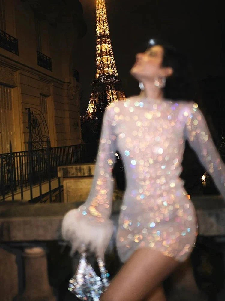Women's Sequin Long Sleeve Mini Cocktail Dress with High Neck
