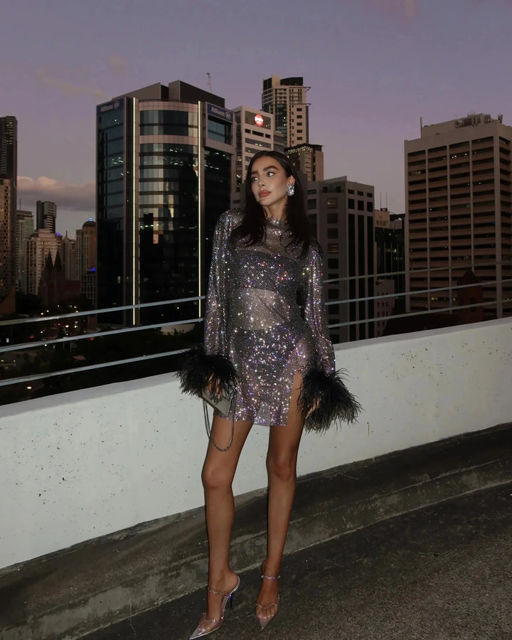 Women's Sequin Long Sleeve Mini Cocktail Dress with High Neck