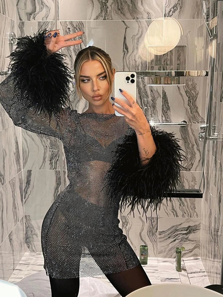 Women's Sequin Long Sleeve Mini Cocktail Dress with High Neck