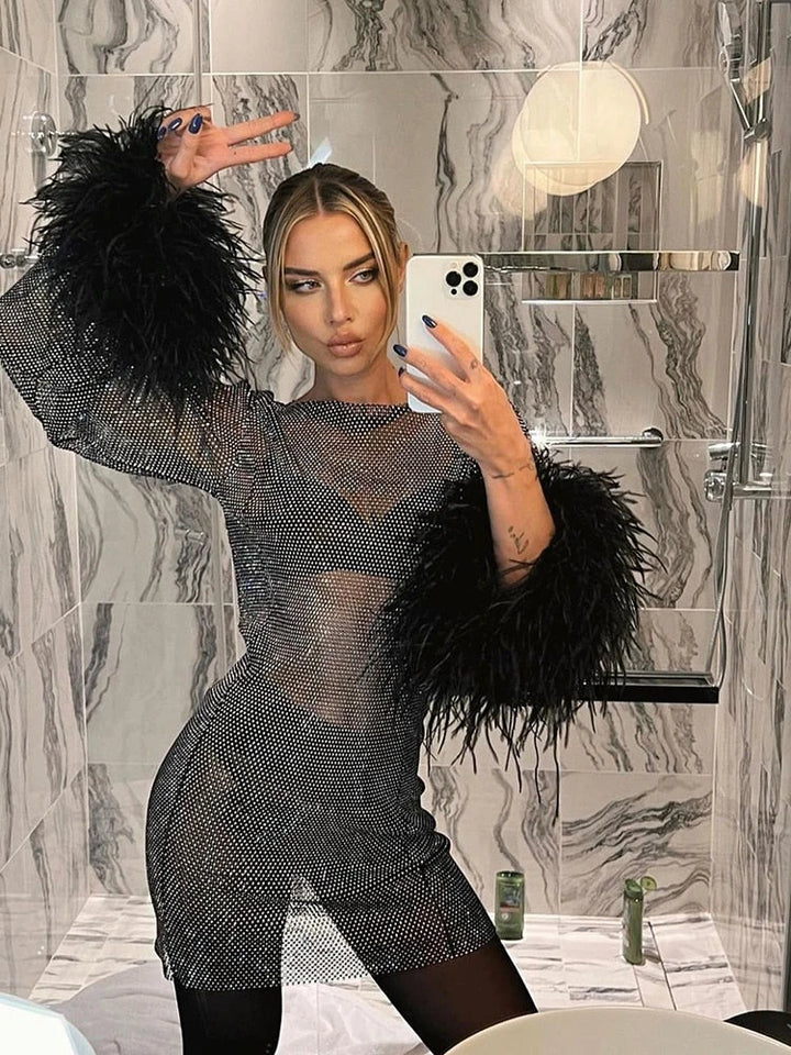 Women's Sequin Long Sleeve Mini Cocktail Dress with High Neck