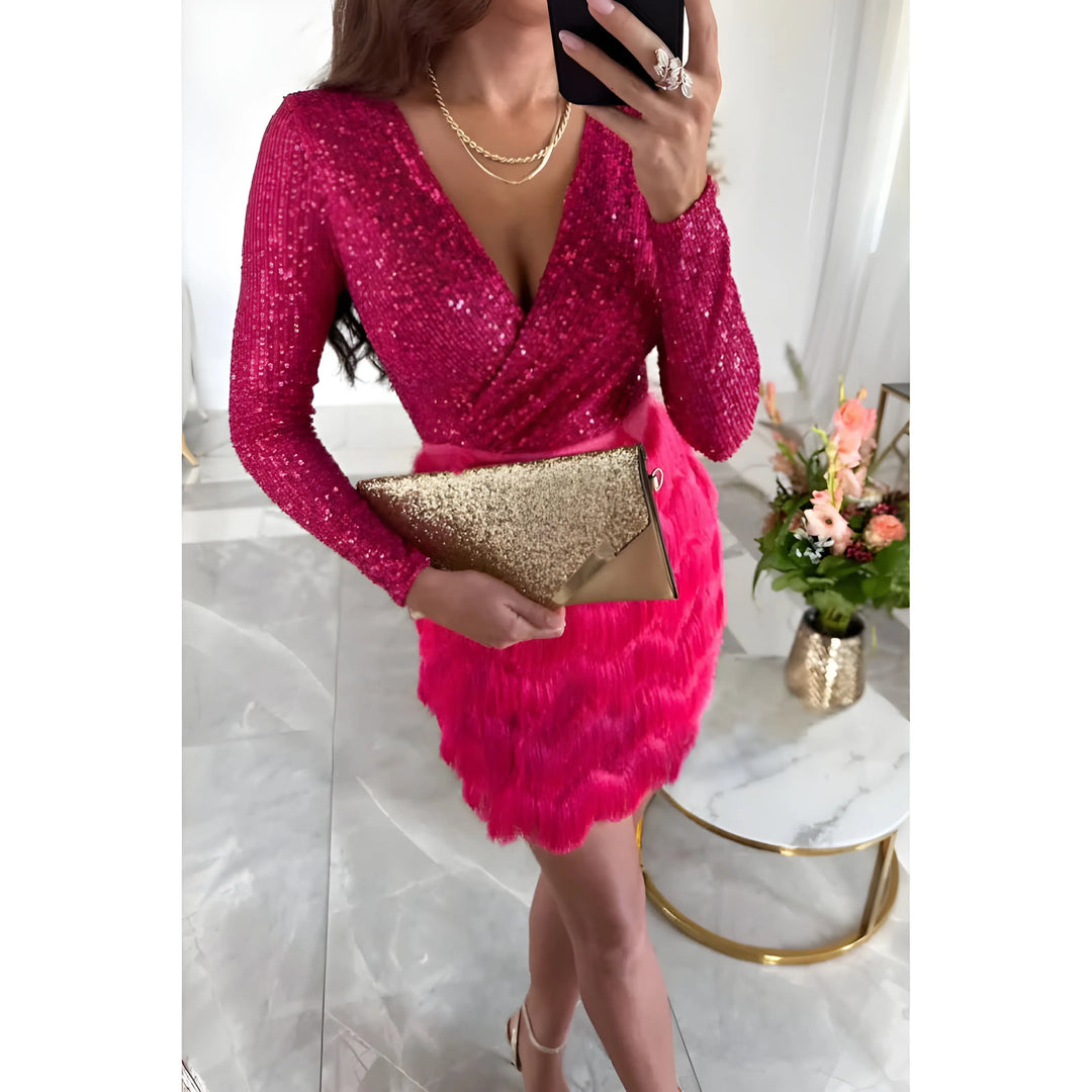 Women's Sequin Long Sleeve Mini Cocktail Dress with V-Neck