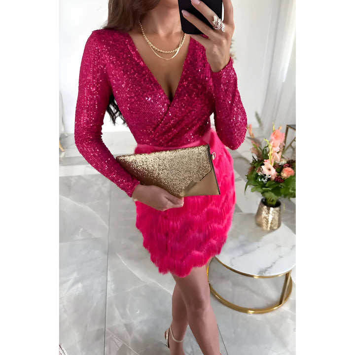 Women's Sequin Long Sleeve Mini Cocktail Dress with V-Neck