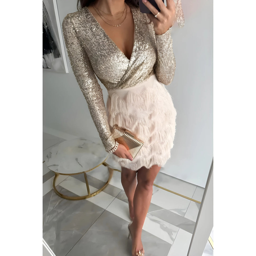 Women's Sequin Long Sleeve Mini Cocktail Dress with V-Neck