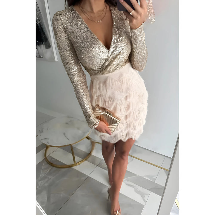 Women's Sequin Long Sleeve Mini Cocktail Dress with V-Neck