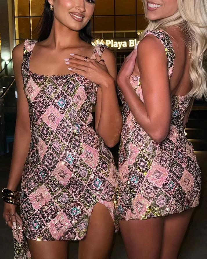 Women's Sequin Mini Cocktail Dress with Slit